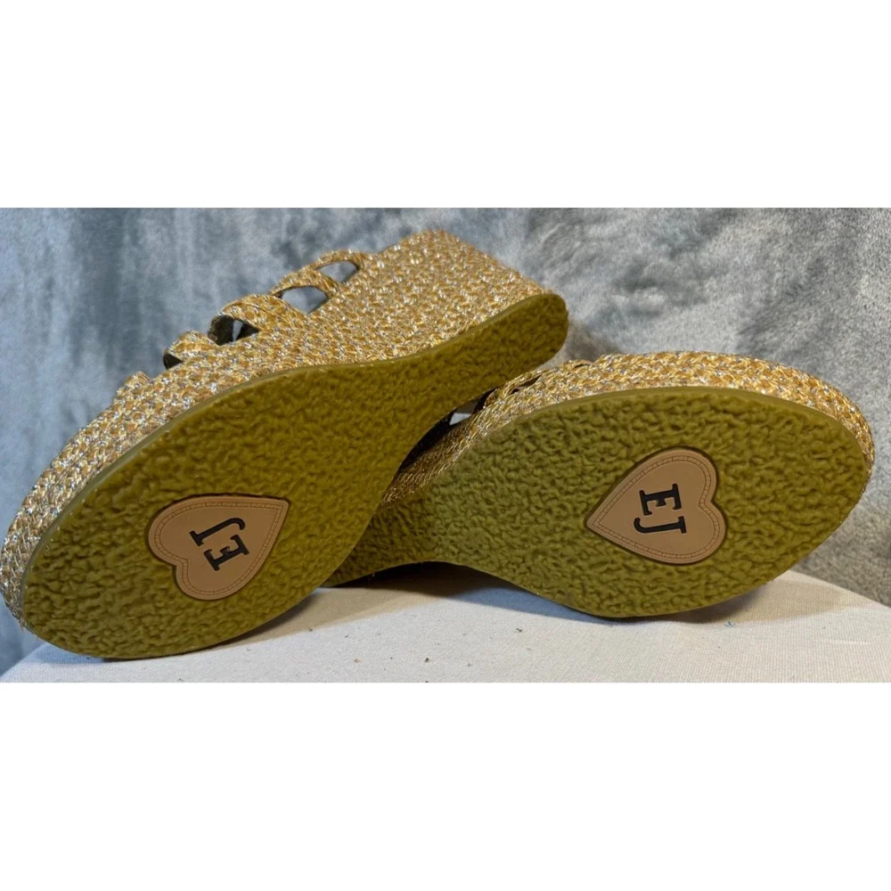 Eric Javits Women 10 M Edy Gold thread Wedge strappy Sandals Slip-On Open Toe
